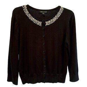 Cable & Gauge Pearl & Rhinestone Embellished Black Sweater Large